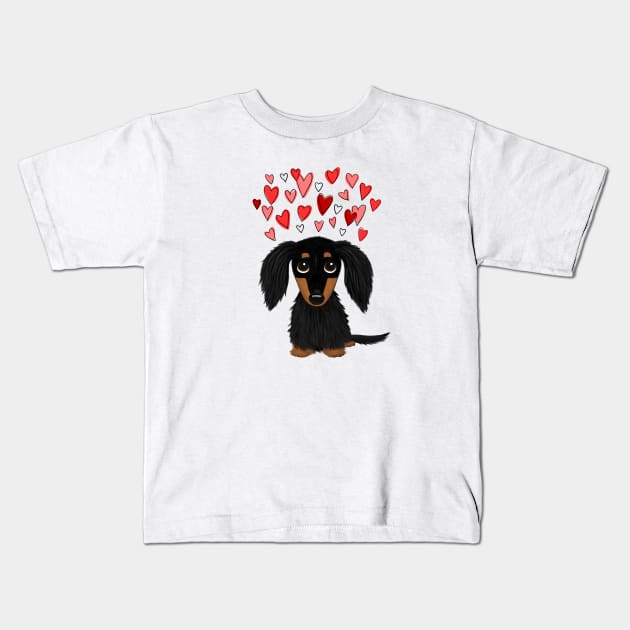 Cute Dog | Black and Tan Longhaired Dachshund with Hearts Kids T-Shirt by Coffee Squirrel